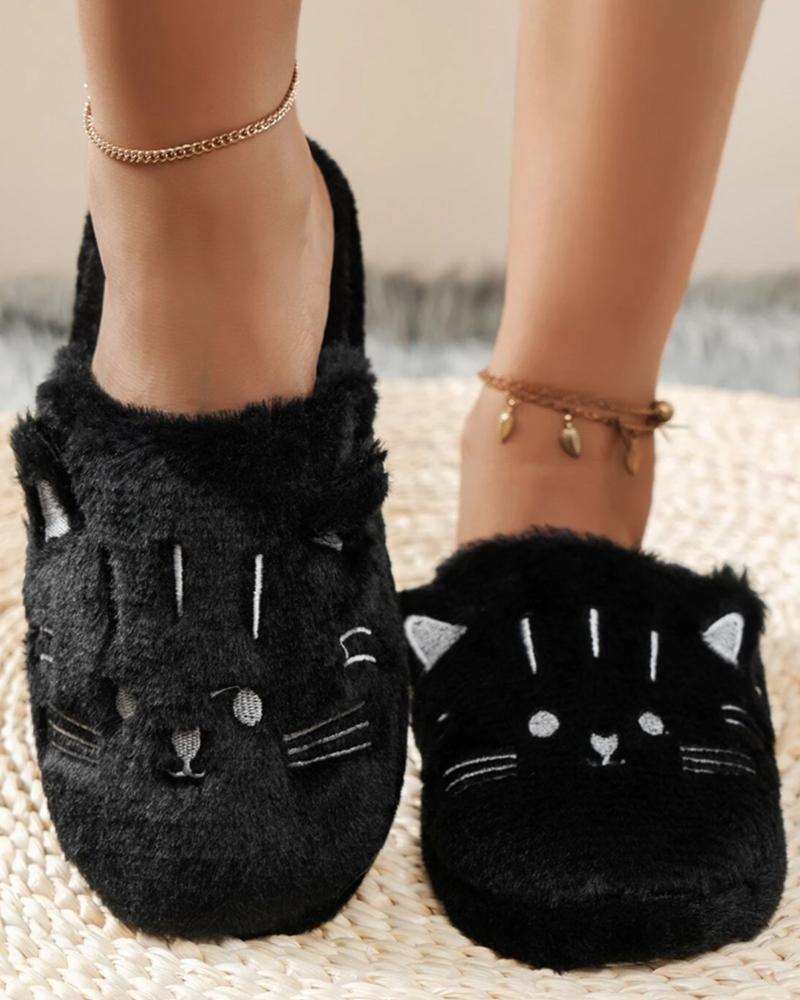 

Fuzzy Cartoon Cat Slippers, Black
