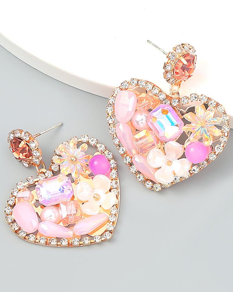 

1Pair Floral Heart Pattern Allover Rhinestone Earrings, Pink