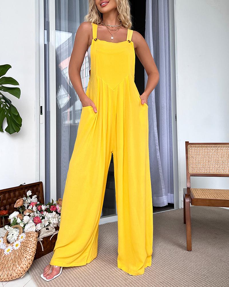 

Adjustable Strap Pocket Design Wide Leg Suspender Jumpsuit, Light yellow