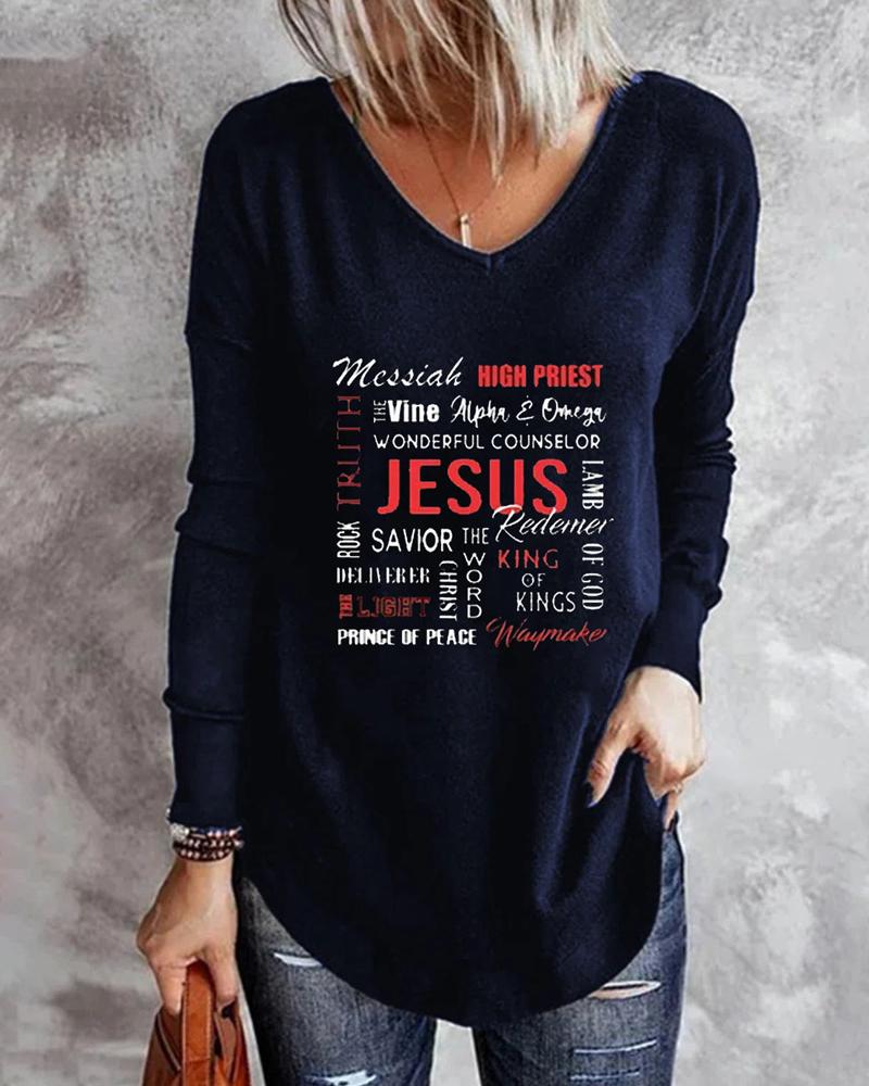 

V-Neck Letter Print Long Sleeve Top, Blue