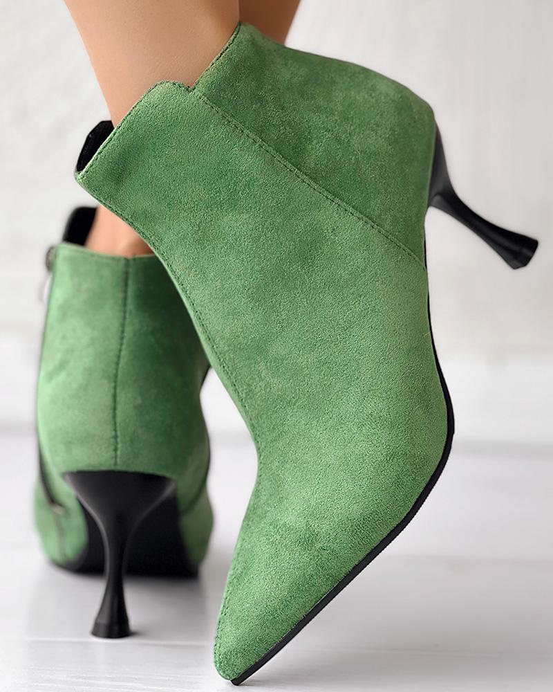 

Side Zipper Pyramid Heel Ankle Boots, Green