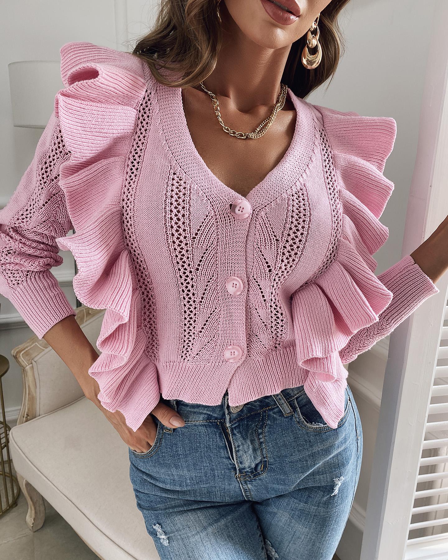 

Ruffles Hollow Out Knit Casual Cardigan, Pink
