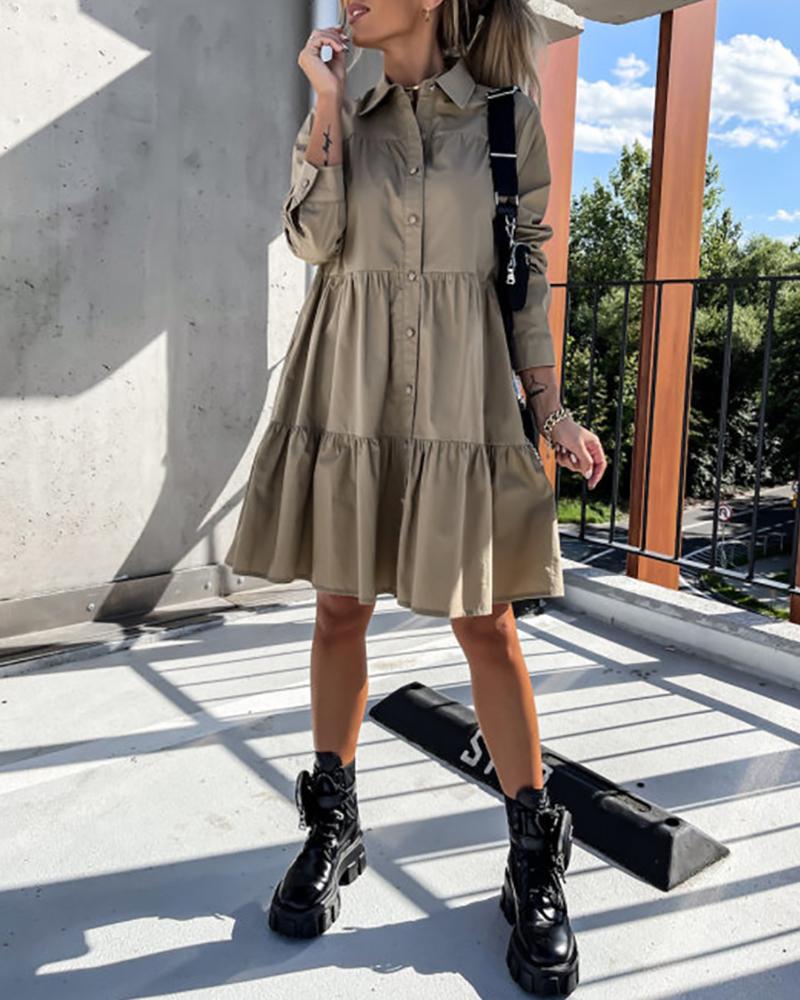 

Long Sleeve Button Design Ruched Shirt Dress, Khaki