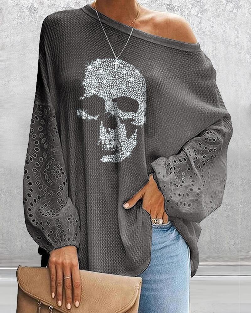 

Glitter Skeleton Lantern Sleeve Top, Gray