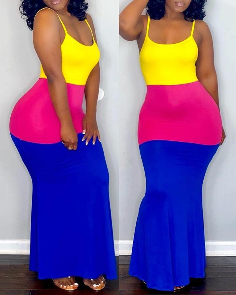 

Colorblock Ruffle Hem Spaghetti Strap Maxi Dress, Multicolor