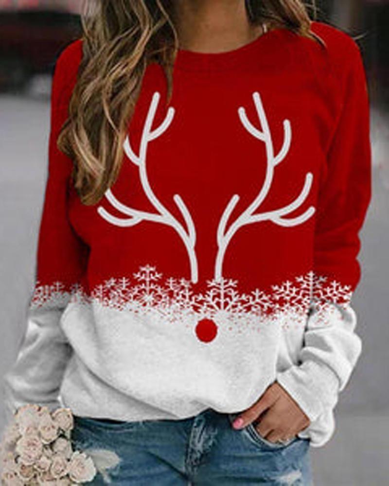 

Christmas Snowflake Elk Print Long Sleeve Top, Red