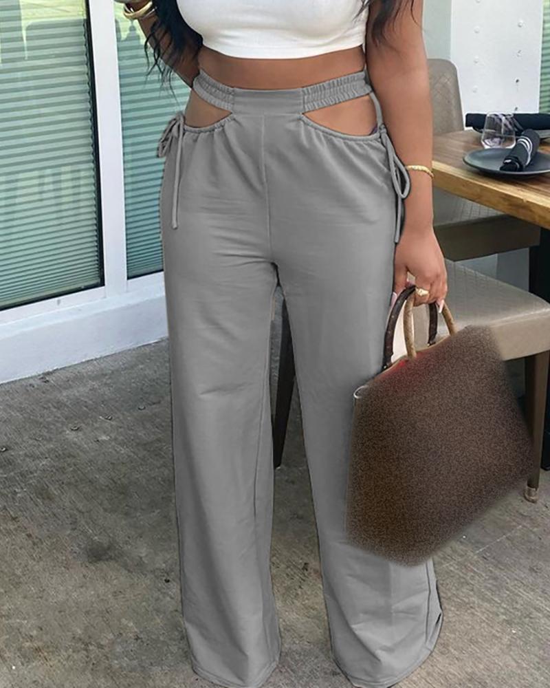

Cutout Shirring Waist Tied Detail Wide Leg Pants, Gray