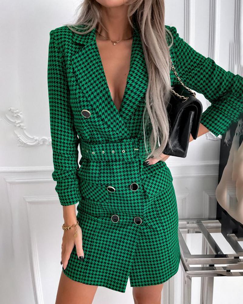 

Double Breasted Houndstooth Print Blazer Dress, Green