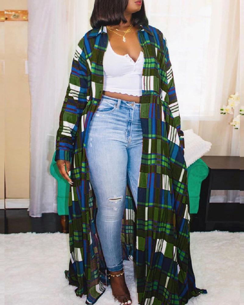 

Plus Size Plaid Colorblock Button Design Shirt Dress, Green