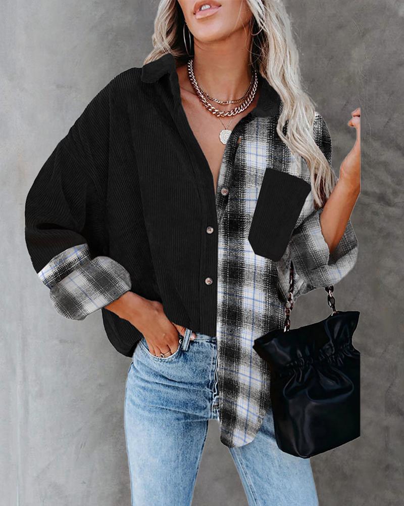 

Contrast Plaid Long Sleeve Button Front Shacket, Black