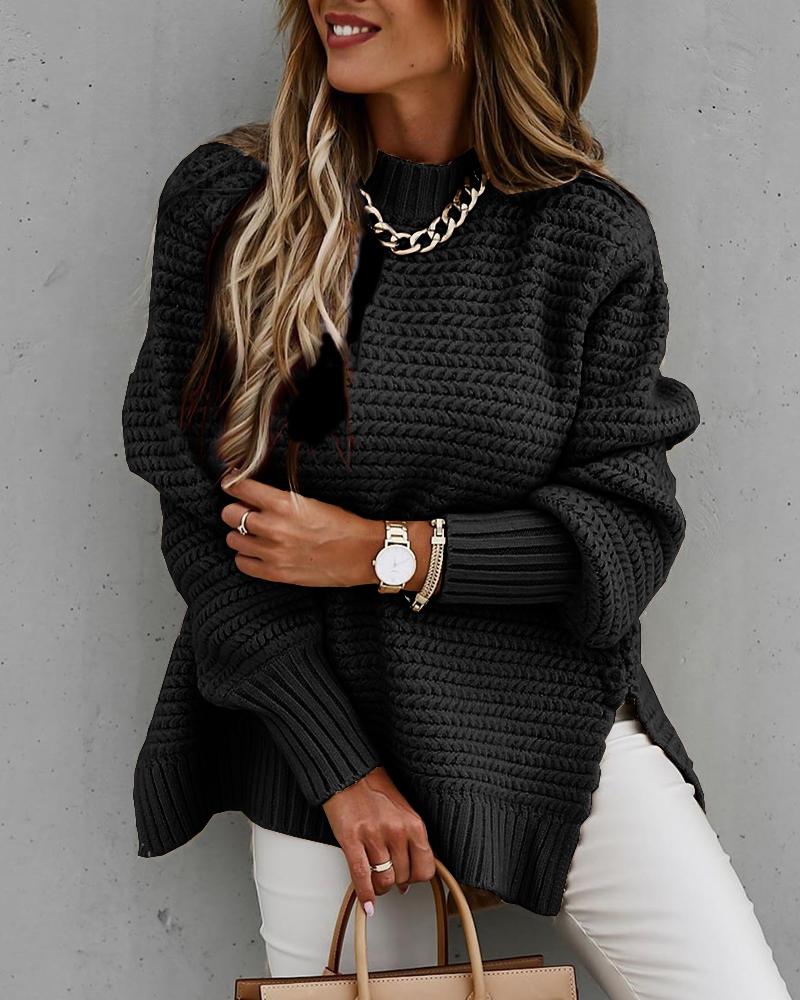 

Solid Long Sleeve Loose Slit Hem Sweater, Black
