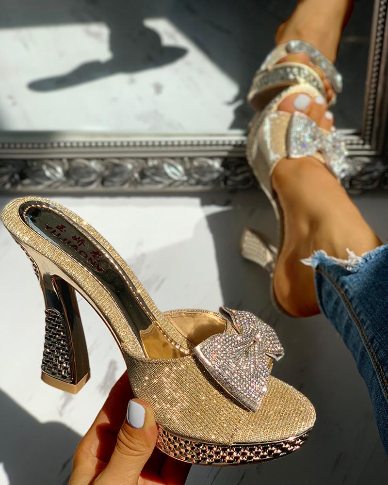

Studded Bowknot Platform Chunky Heeled Sandals, Gold