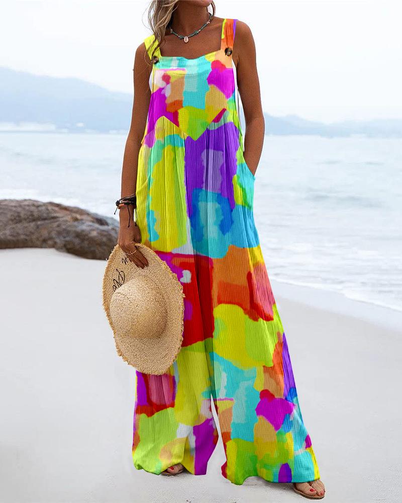 

Multi Colors All Over Print Wide Leg Suspender Jumpsuit, Multicolor