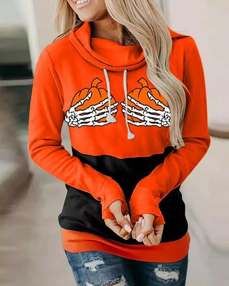 

Halloween Graphic Print Colorblock Long Sleeve Top, Orange