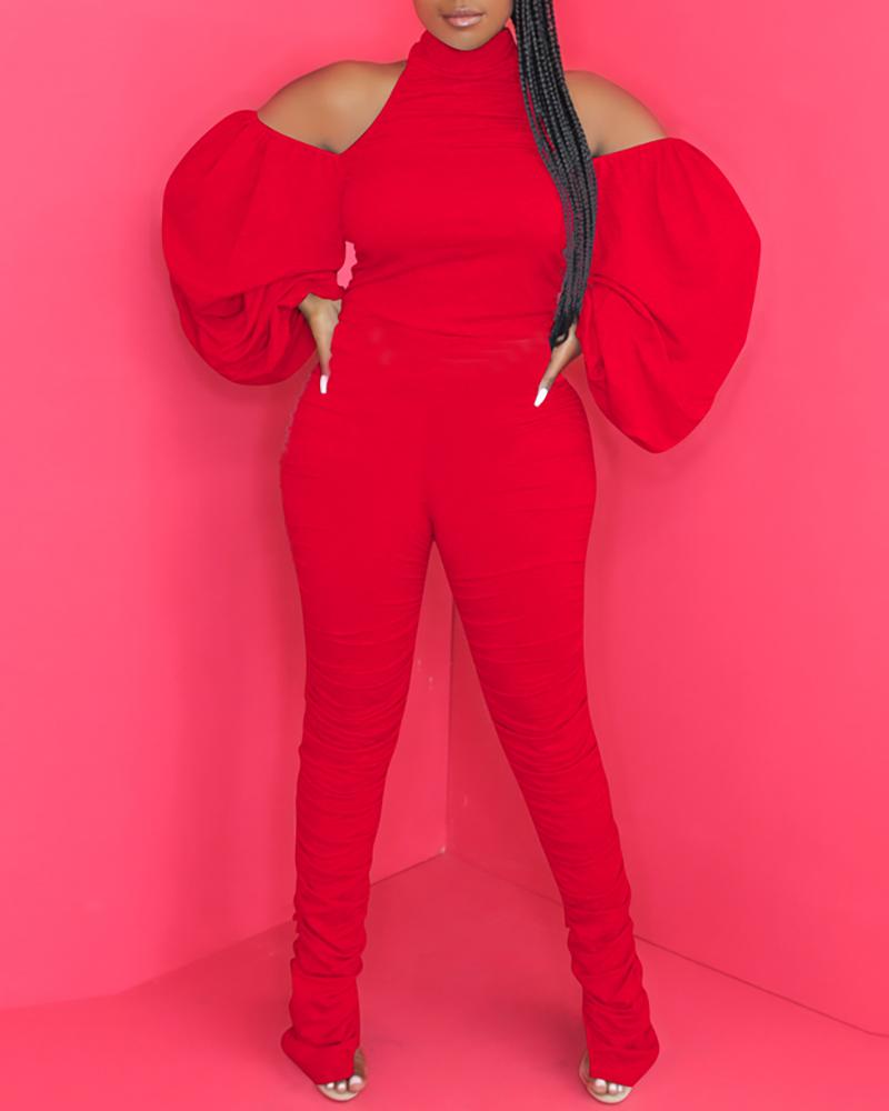 

Halter Backless Lantern Sleeve Ruched Jumpsuit, Red