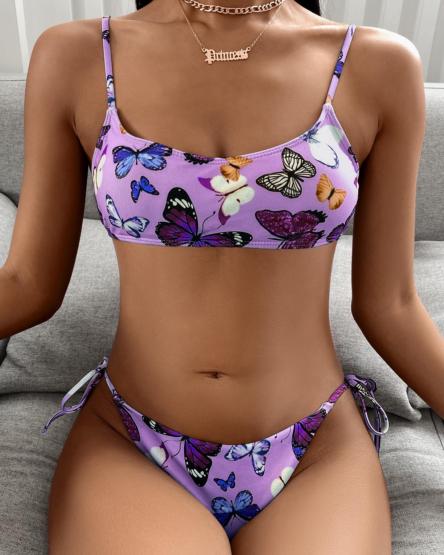 

Butterfly Print Tied Detail Bikini Set, Purple