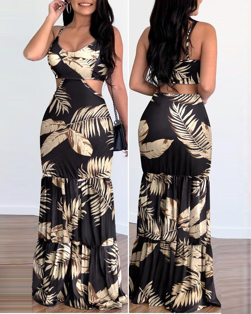 

Tropical Print Cutout Ruffle Hem Cami Maxi Dress, Black