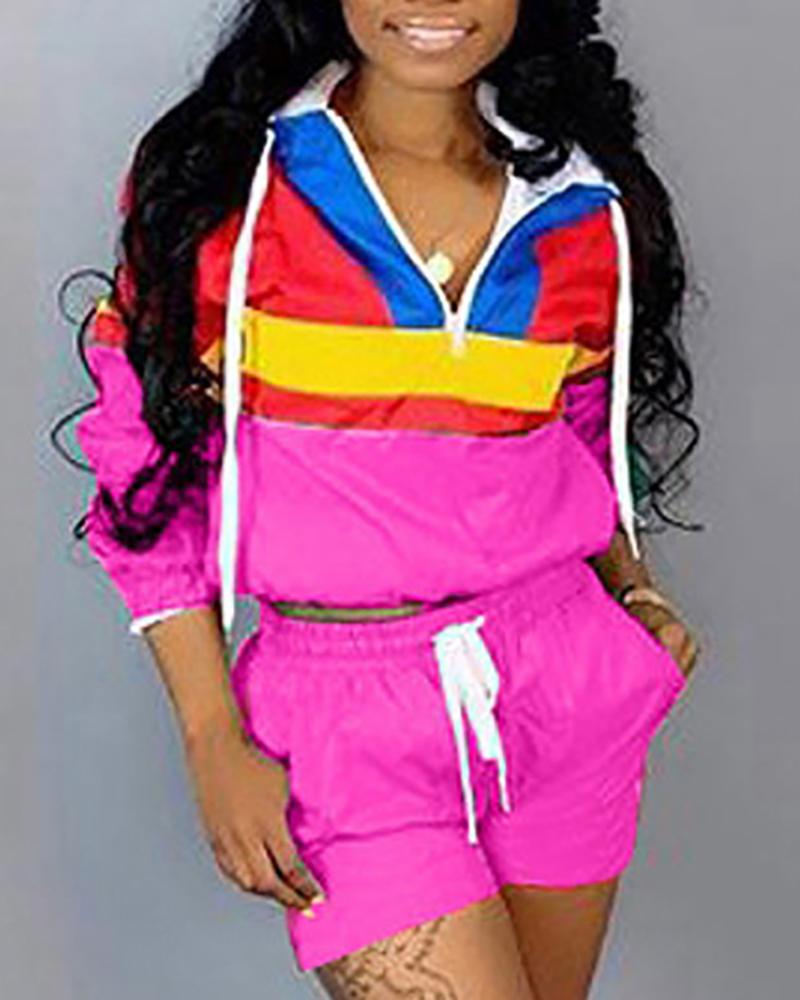 

Contrast Color Hooded With Shorts, Pink