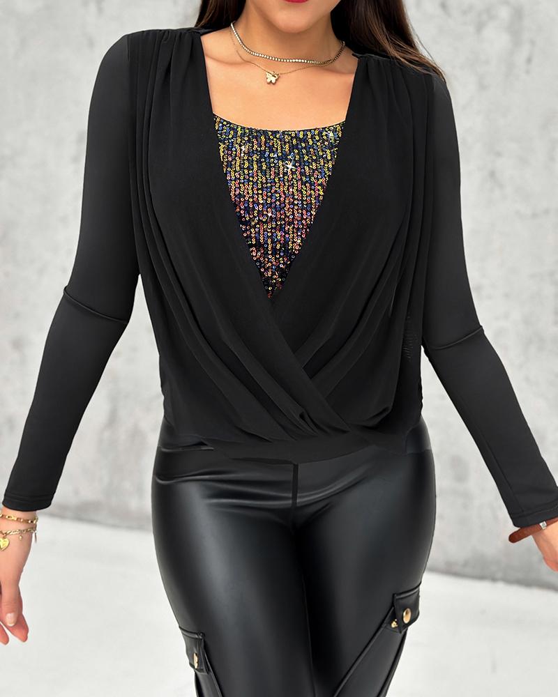 

Contrast Sequin Cowl Neck Ruched Long Sleeve Top, Black