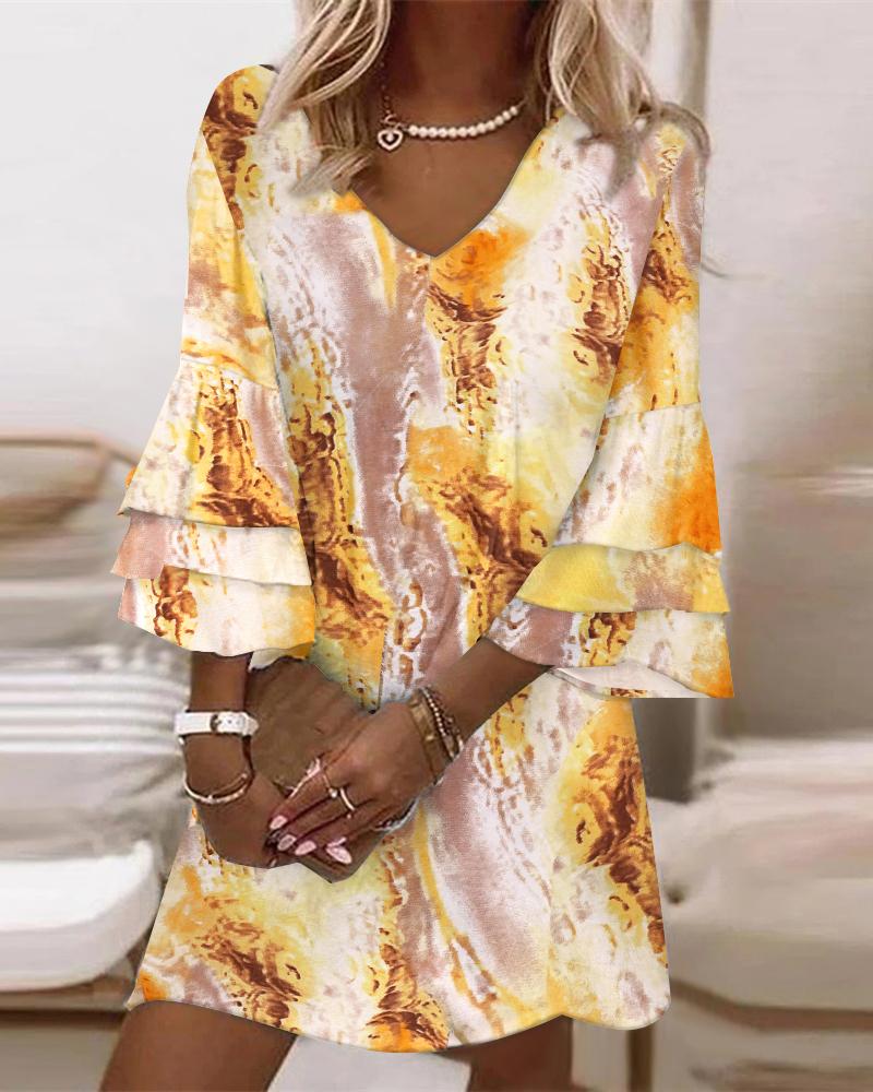 

Allover Print Bell Sleeve Casual Dress, Yellow