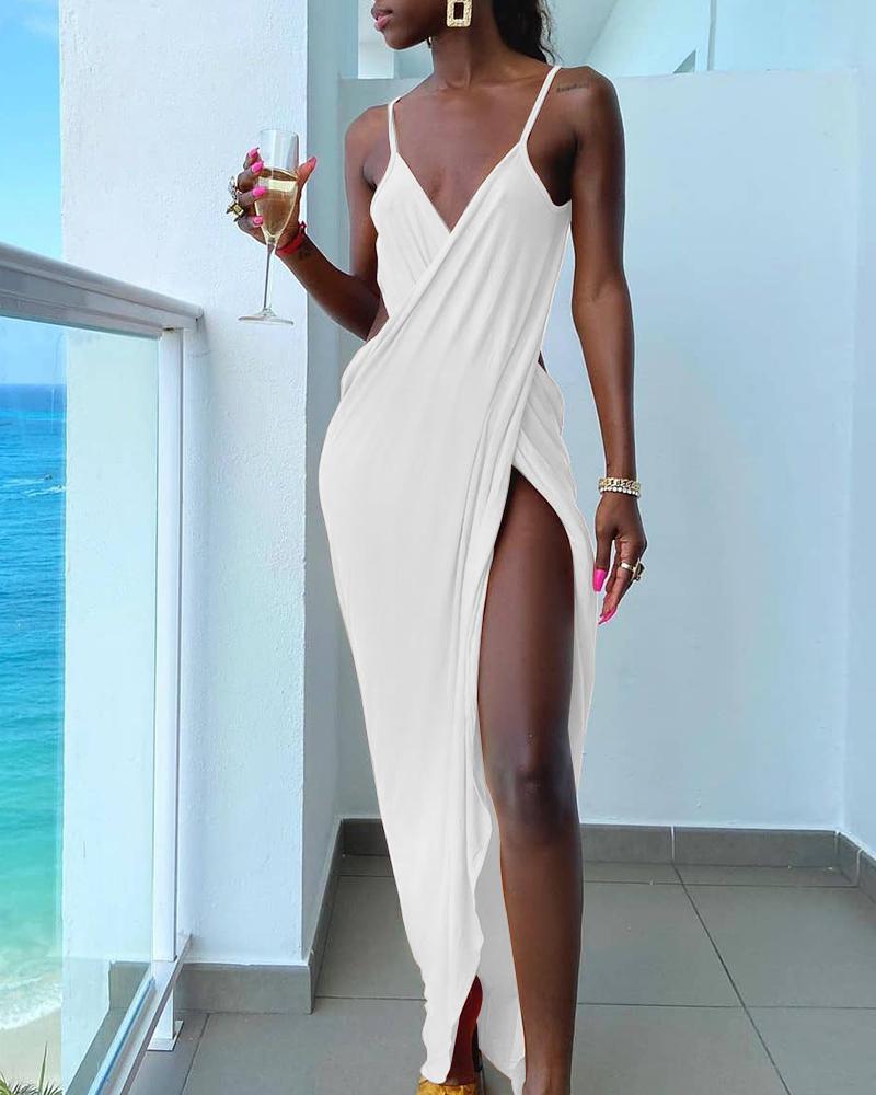 

Spaghetti Strap Cross High Slit Party Dress, White