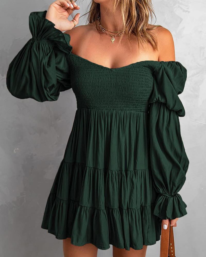 

Puff Lantern Sleeve Shirred Ruched Dress, Dark green