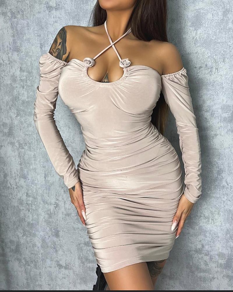 

Cold Shoulder Ruched Long Sleeve Dress, Apricot