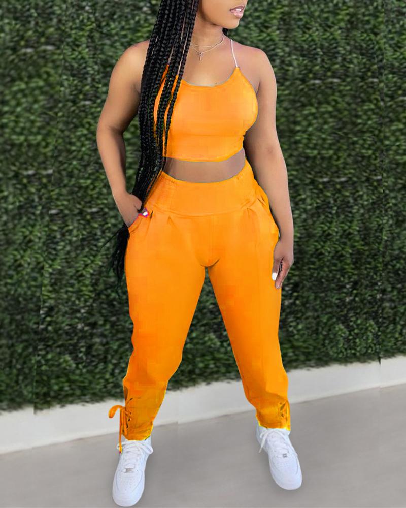 

Solid Crop Cami Top & Lace-up Hem Pants Set, Orange