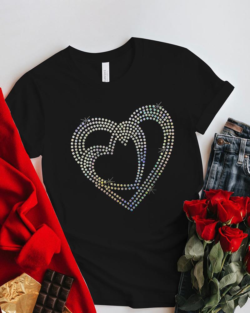 

Valentine's Day Rhinestone Heart Pattern Short Sleeve Top, Black