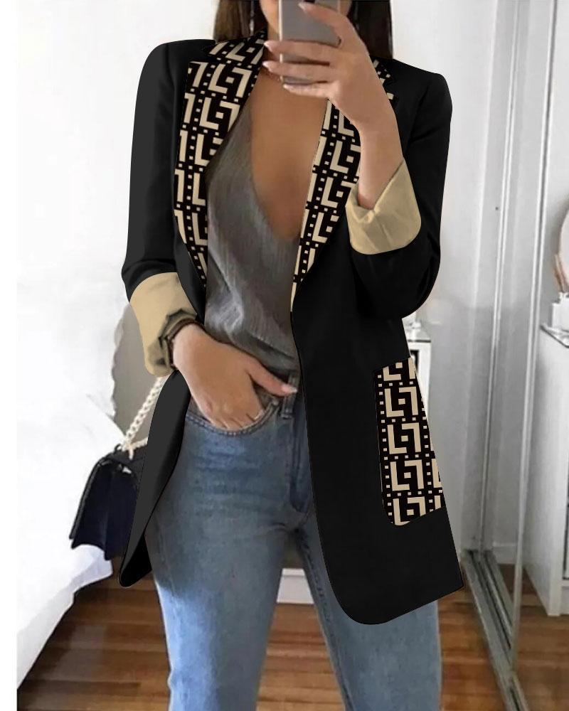 

Geometric Print Long Sleeve Blazer, Black