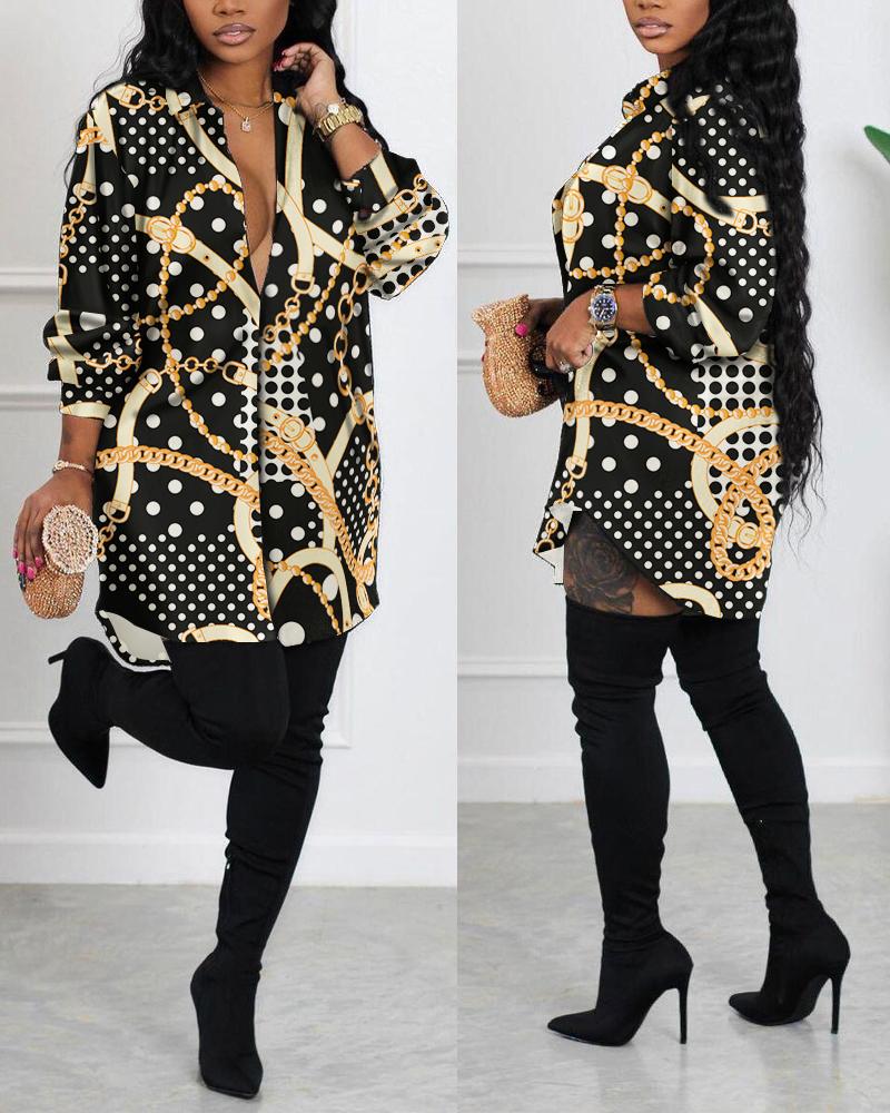 

Plus Size Polka Dot Chain Print Long Sleeve Shirt Dress, Black