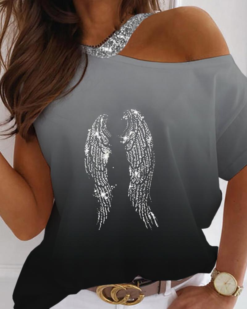 

Wings Print Cold Shoulder Short Sleeve Top, Black