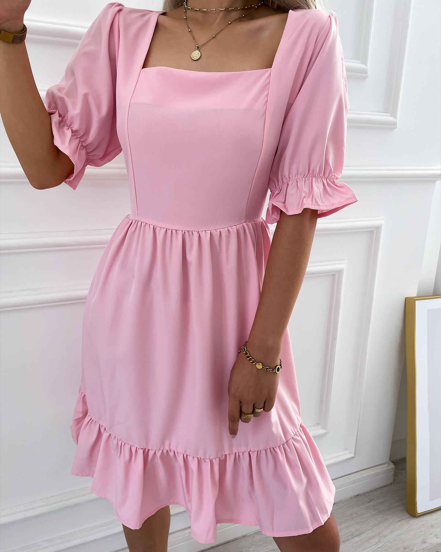 

Ruffle Hem Puff Sleeve Ruched Causal Dress, Pink
