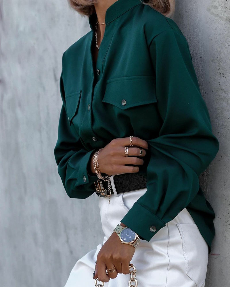 

Long Sleeve Flap Detail Button Up Top, Green