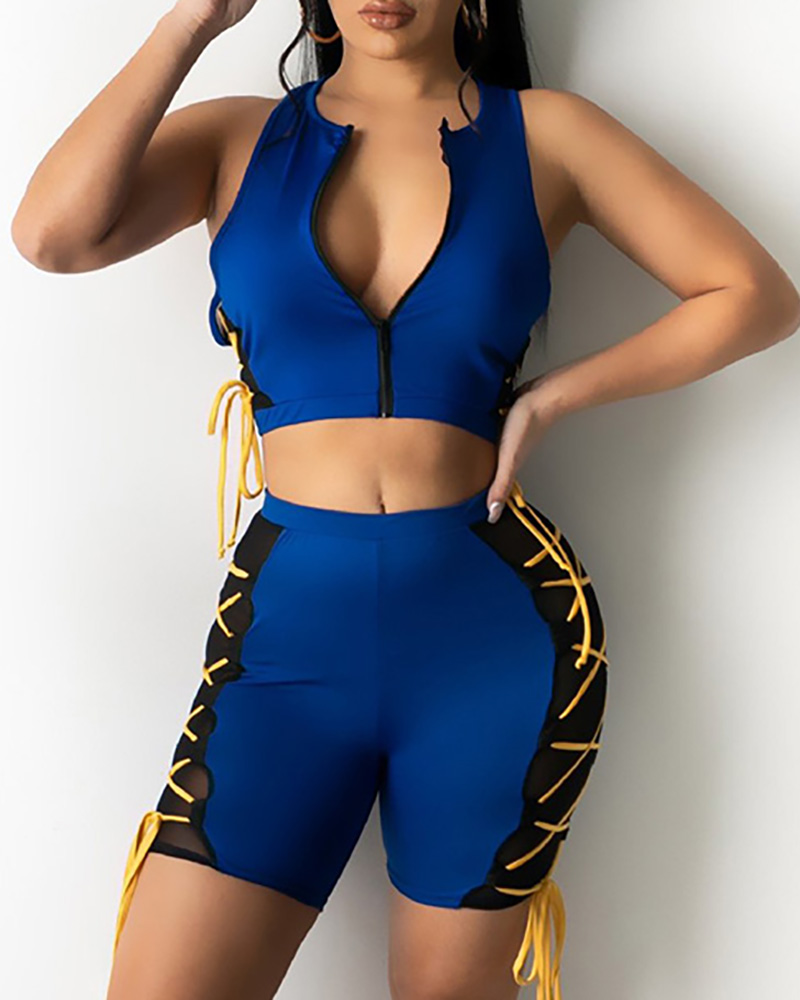 

Eyelet Lace-up Zipper Front Colorbock Crop Top & Shorts Set, Dark blue