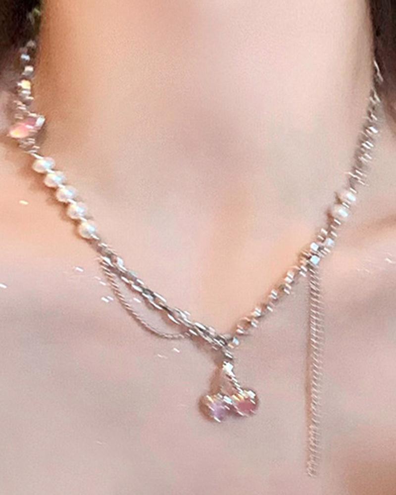 

1pc Pearls Beaded Cherry Pendant Necklace, White