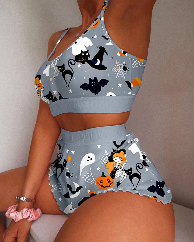 

Halloween Graphic Print Lettuce Trim Cami Set, Gray