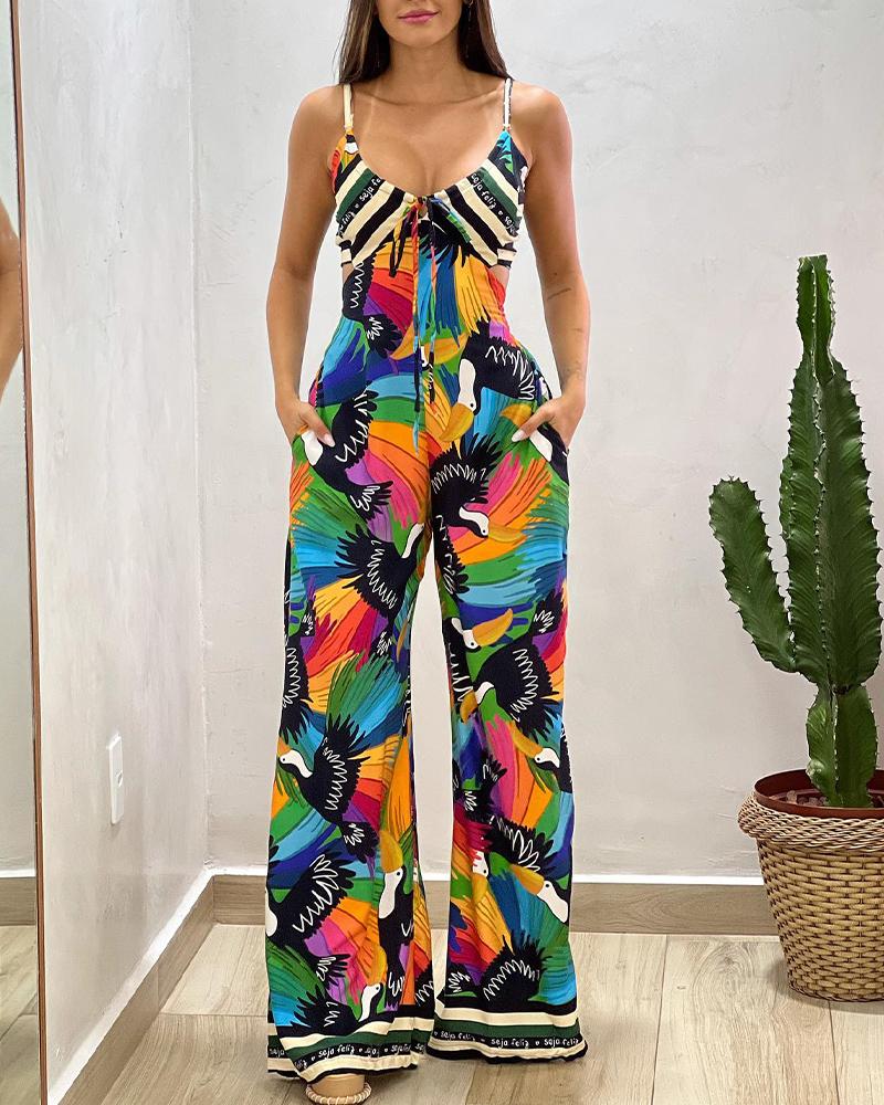 

Bird Letter Print Shirred Backless Jumpsuit, Multicolor
