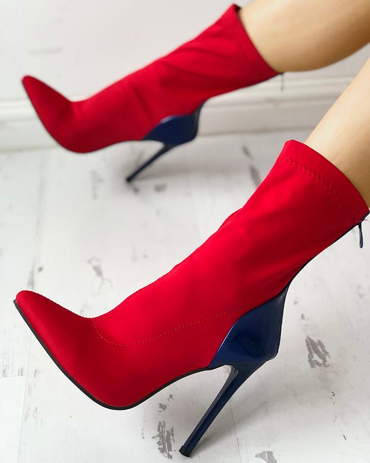 

Contrast Color Pointed Toe Thin Heeled Boots, Red