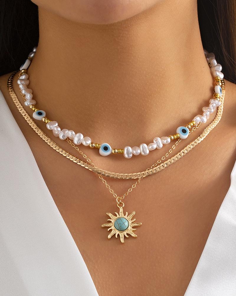 

3pcs Vintage Pearls Beaded Eye Sun Pendant Chain Necklace Set, Gold