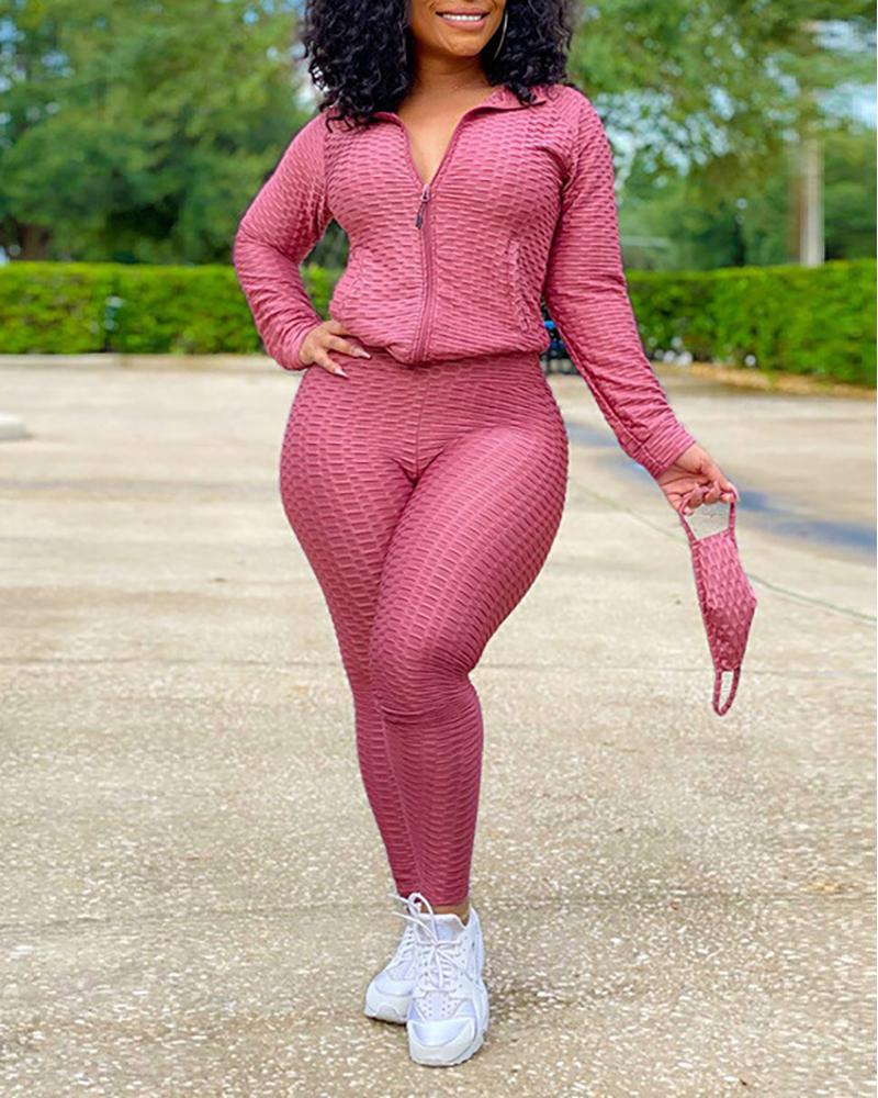 

Bubble Textured Zipper Design Top & Pants Set, Pink