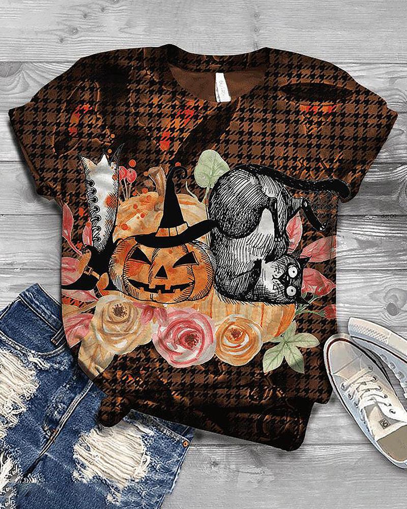 

Halloween Houndstooth Pumpkin Print Short Sleeve Top, Brown