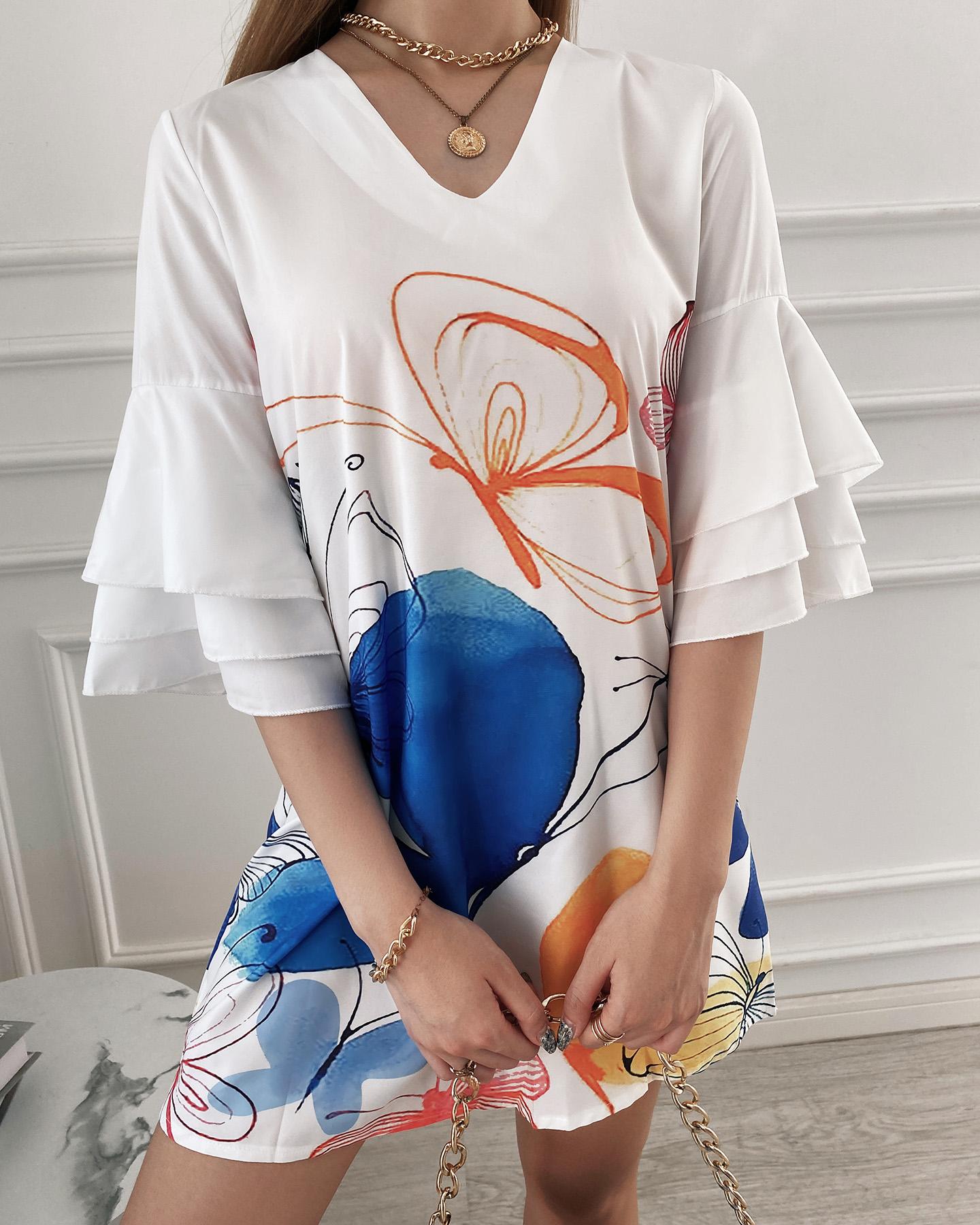 

Butterfly Print Bell Sleeve V Neck Casual Dress, White