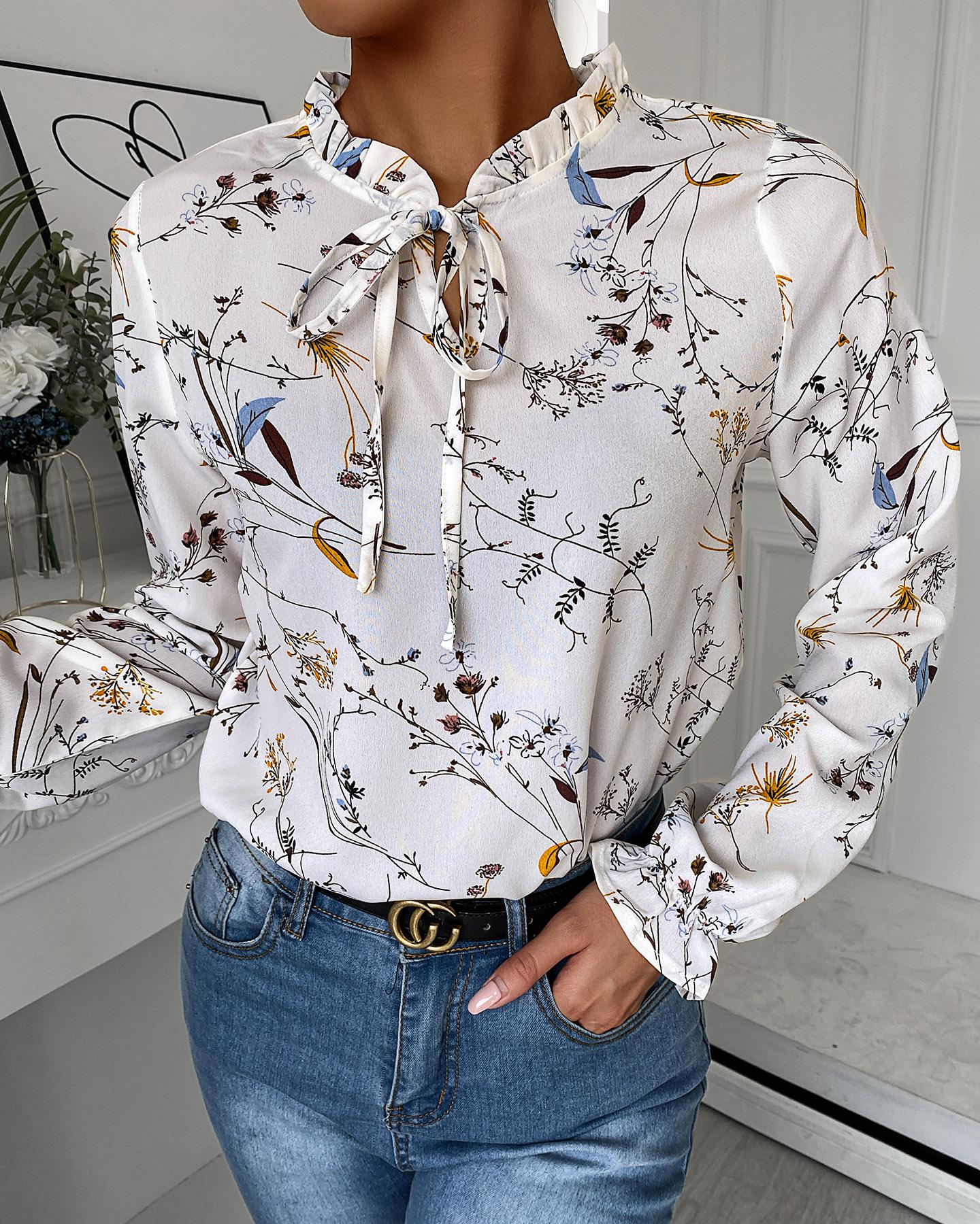 

Floral Print Tied Detail Bell Sleeve Top, White