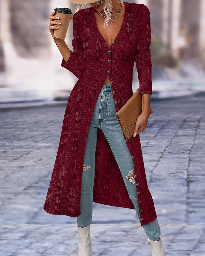 

Buttoned Cable Textured Longline Top, Wine red