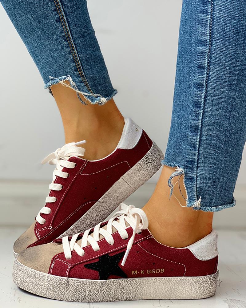 

Colorblock Star Embellished Lace-up Sneakers, Wine red