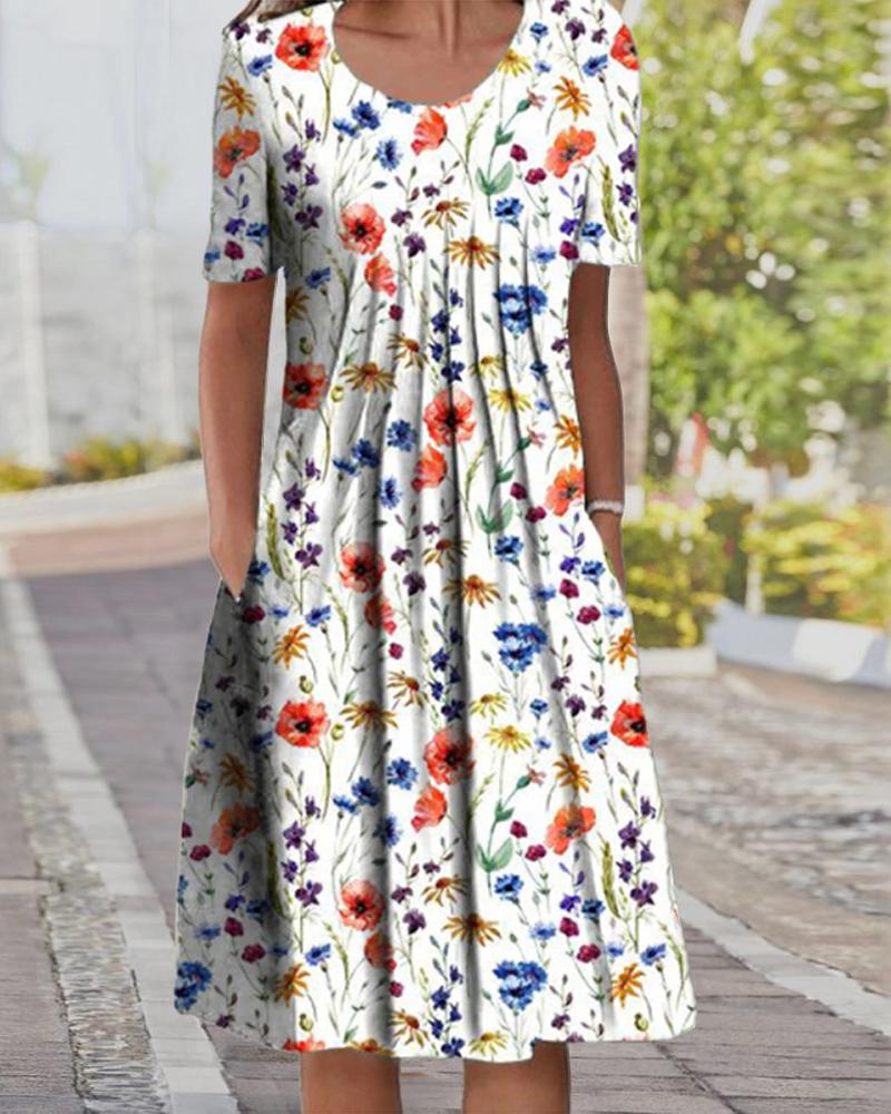 

Floral Print Pleated Detail Casual Dress, White