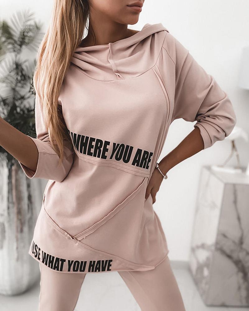 

Letter Print Long Sleeve Hooded Top & Drawstring Pants Set, Light pink