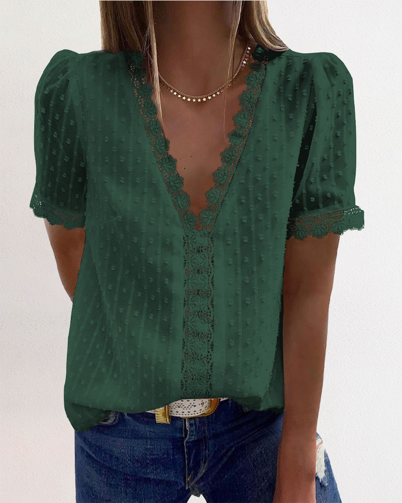 

Contrast Lace Swiss Dot Puff Sleeve Chiffon Top, Green