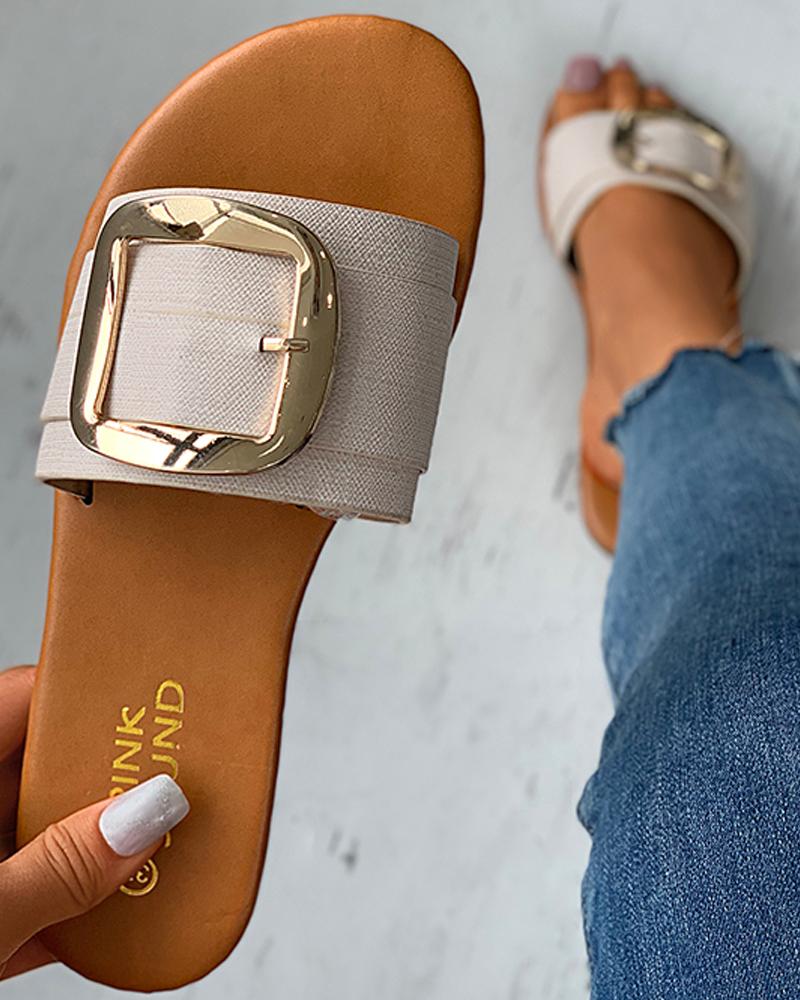 

Plain / Cheetah Print Buckled Flat Sandals, Beige